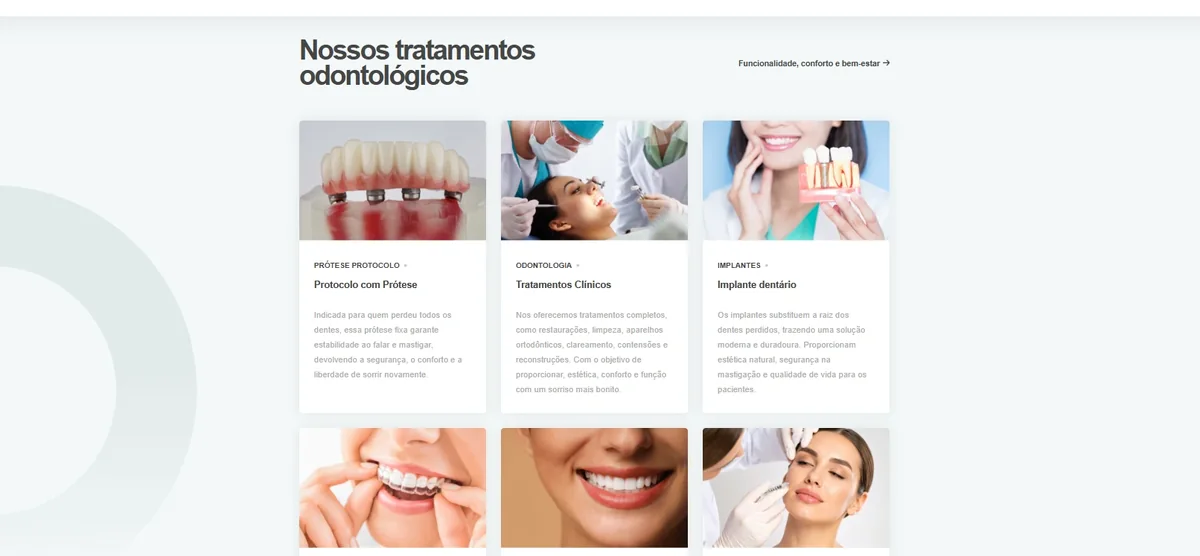Seção de tratamentos do site da Clínica Oliveira