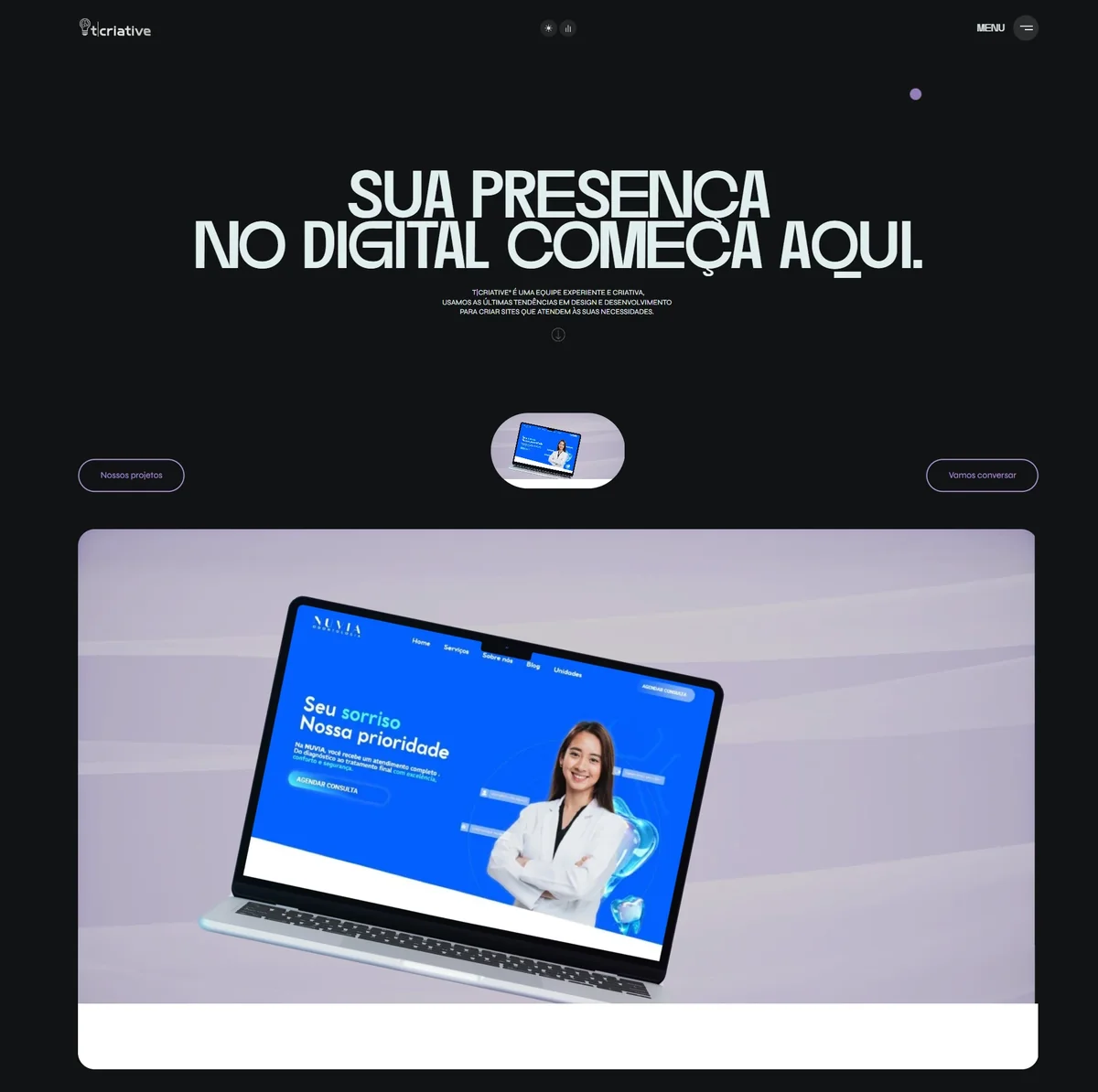 Interface do site institucional da TCRIATIVE