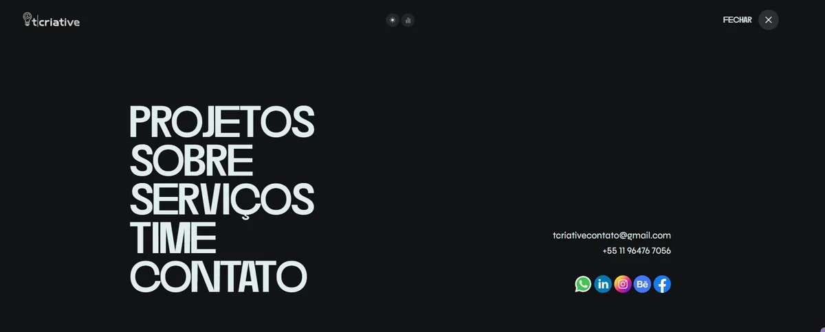 Menu do site da TCRIATIVE com canais de contato e redes sociais